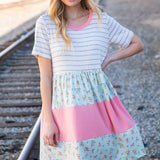 Floral and Stripe Color Block Fit and Flare Rib Dress