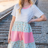 Floral and Stripe Color Block Fit and Flare Rib Dress