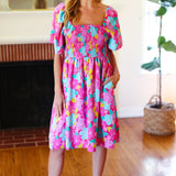 Vacay Vibes Fuchsia Floral Print Fit & Flare Smocked Dress