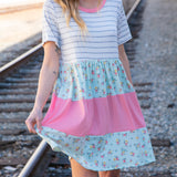 Floral and Stripe Color Block Fit and Flare Rib Dress