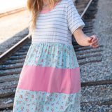 Floral and Stripe Color Block Fit and Flare Rib Dress