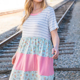 Floral and Stripe Color Block Fit and Flare Rib Dress