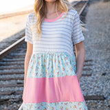 Floral and Stripe Color Block Fit and Flare Rib Dress