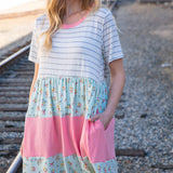 Floral and Stripe Color Block Fit and Flare Rib Dress