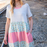 Floral and Stripe Color Block Fit and Flare Rib Dress