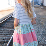 Floral and Stripe Color Block Fit and Flare Rib Dress