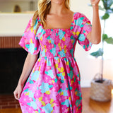 Vacay Vibes Fuchsia Floral Print Fit & Flare Smocked Dress