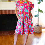 Look of Love Fuchsia Abstract Floral Print Smocked Ruffle Sleeve Dress