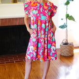 Look of Love Fuchsia Abstract Floral Print Smocked Ruffle Sleeve Dress