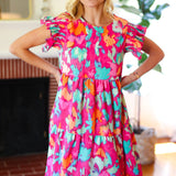 Look of Love Fuchsia Abstract Floral Print Smocked Ruffle Sleeve Dress