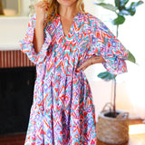 Love Found Blue & Lavender Ikat Print V Neck Dress