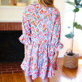 Love Found Blue & Lavender Ikat Print V Neck Dress