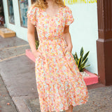 Lovely In Peach Floral Print Elastic Waist Ruffle Midi Dress