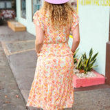 Lovely In Peach Floral Print Elastic Waist Ruffle Midi Dress