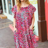 Fuchsia & Teal Abstract Dot Yoke Woven Dress