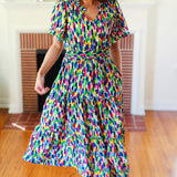 All For You Navy Multicolor Abstract Print Smocked Waist Maxi Dress