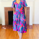 Remember Me Blue & Fuchsia Geo Print V Neck Dress