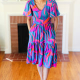 Remember Me Blue & Fuchsia Geo Print V Neck Dress