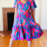 Remember Me Blue & Fuchsia Geo Print V Neck Dress