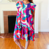 Go For Fun Fuchsia Geo Print Tiered Ruffle Sleeve Woven Dress