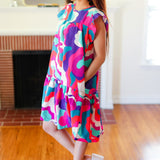 Go For Fun Fuchsia Geo Print Tiered Ruffle Sleeve Woven Dress