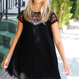 Black Embroidered Lace Yoke Fit & Flare Dress