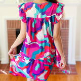 Go For Fun Fuchsia Geo Print Tiered Ruffle Sleeve Woven Dress