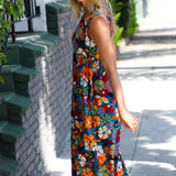 Teal & Maroon Flat Floral  Fit and Flare Sleeveless Maxi Dress