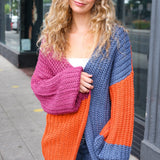 Dazzle In Magenta & Navy Chunky Knit Color Block Cardigan