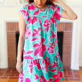 Diva Dreaming Aqua & Fuchsia Floral Print Tiered Ruffle Sleeve Dress