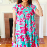 Diva Dreaming Aqua & Fuchsia Floral Print Tiered Ruffle Sleeve Dress