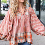 Under Your Spell Rust Plaid Color Block Notch Neck Top