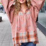 Under Your Spell Rust Plaid Color Block Notch Neck Top