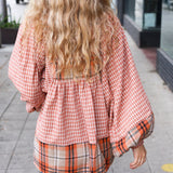 Under Your Spell Rust Plaid Color Block Notch Neck Top