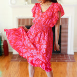 Remember Me Red & Pink Floral Print Smocked Waist Midi Dress