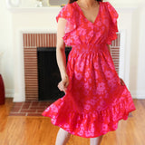 Remember Me Red & Pink Floral Print Smocked Waist Midi Dress