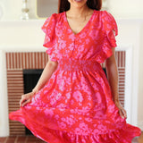 Remember Me Red & Pink Floral Print Smocked Waist Midi Dress