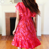 Remember Me Red & Pink Floral Print Smocked Waist Midi Dress