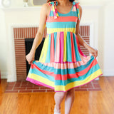 Start The Day Rainbow Stripe Shoulder Tie Tiered Dress