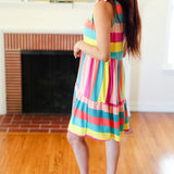 Start The Day Rainbow Stripe Shoulder Tie Tiered Dress