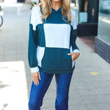 Adorable In Hunter Green Color Block Check Print Terry Hoodie