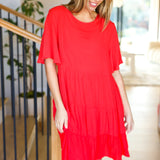 Feeling Bold Red Woven Panel Tiered Fluter Sleeve Dress