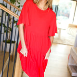 Feeling Bold Red Woven Panel Tiered Fluter Sleeve Dress