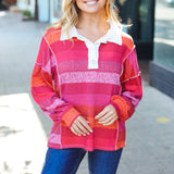 Be Bold Magenta Striped Button Down Placket Collared Top