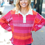 Be Bold Magenta Striped Button Down Placket Collared Top