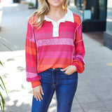 Be Bold Magenta Striped Button Down Placket Collared Top