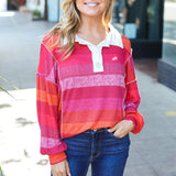 Be Bold Magenta Striped Button Down Placket Collared Top