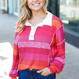 Be Bold Magenta Striped Button Down Placket Collared Top