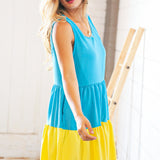 Blue Flare Color Block Tiered Woven Dress