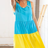 Blue Flare Color Block Tiered Woven Dress